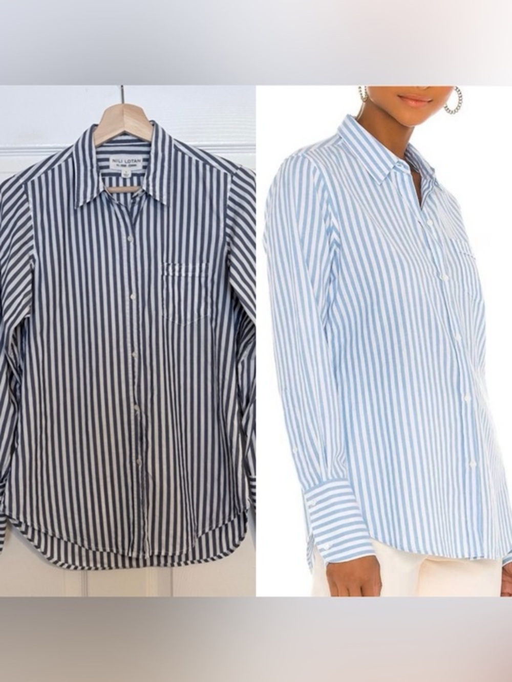 Nili Lotan Chest Pocket NL Shirt Navy White Banker Stripe  Poplin Button Down S